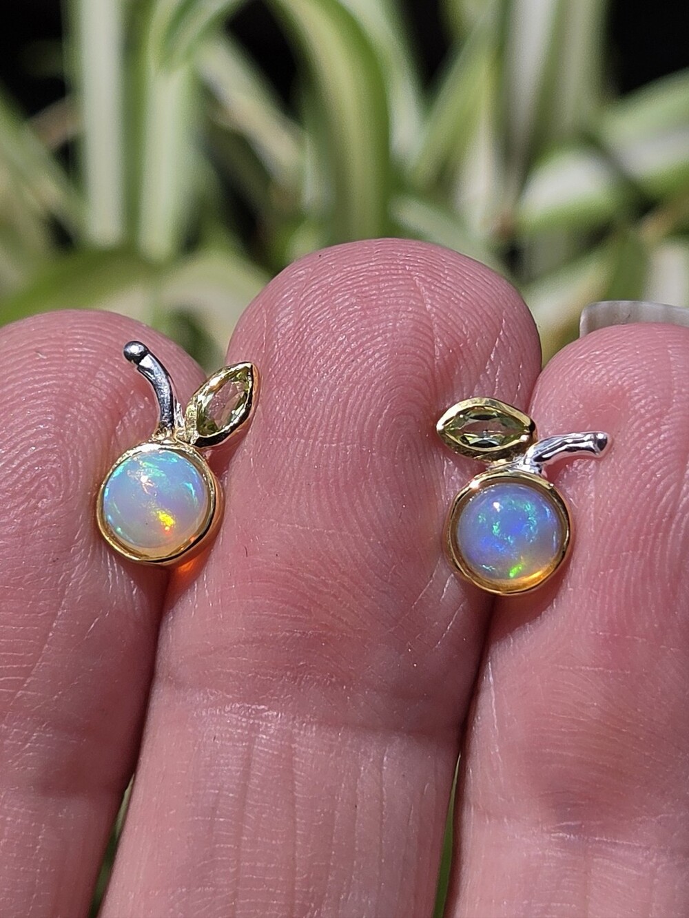 Opal & Peridot Cherry Stud Earrings - Gold & Sterling - Picture 3 of 8